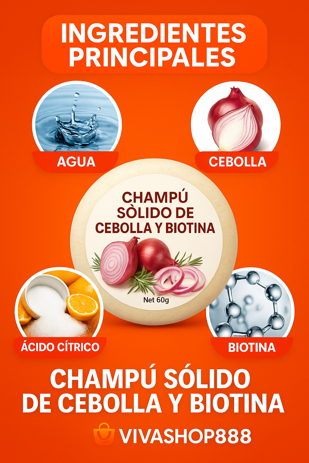 Champú Solido de Cebolla y Biotina,Crece y Brilla Viva Shop 888
