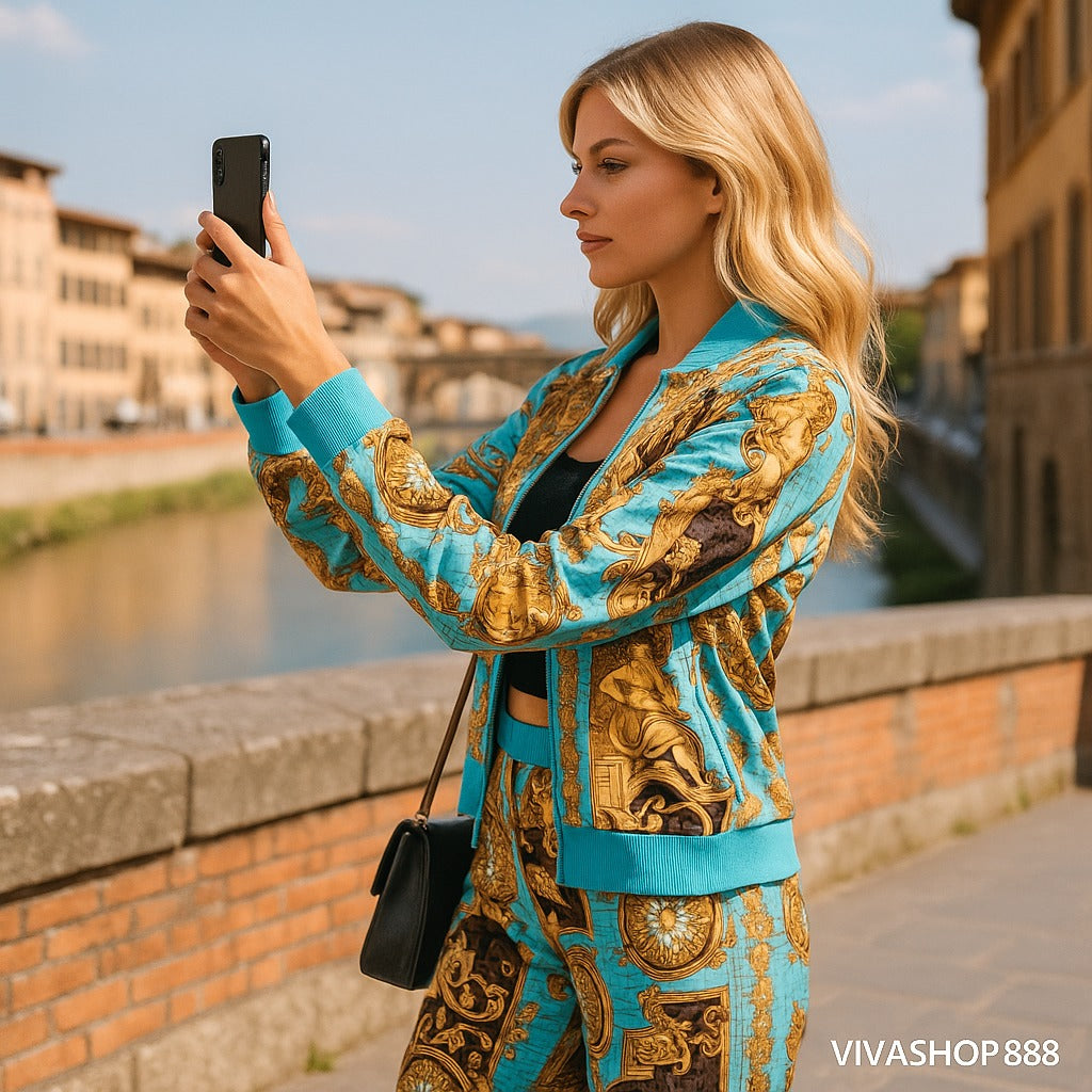 Conjunto Imperial Luxe.Conjunto para mujer 2 piezas con Chaqueta y Pantalón estampado Barroco Viva Shop 888