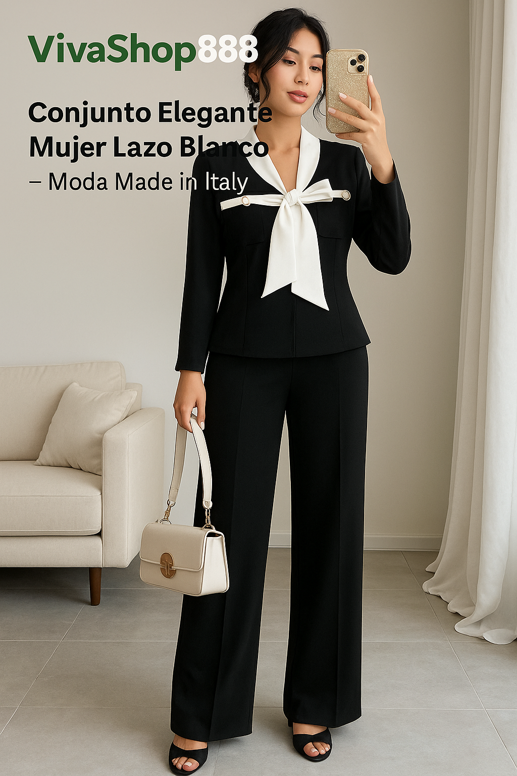 Conjunto Negro Mujer Lazo Blanco Elegante Viva Shop 888