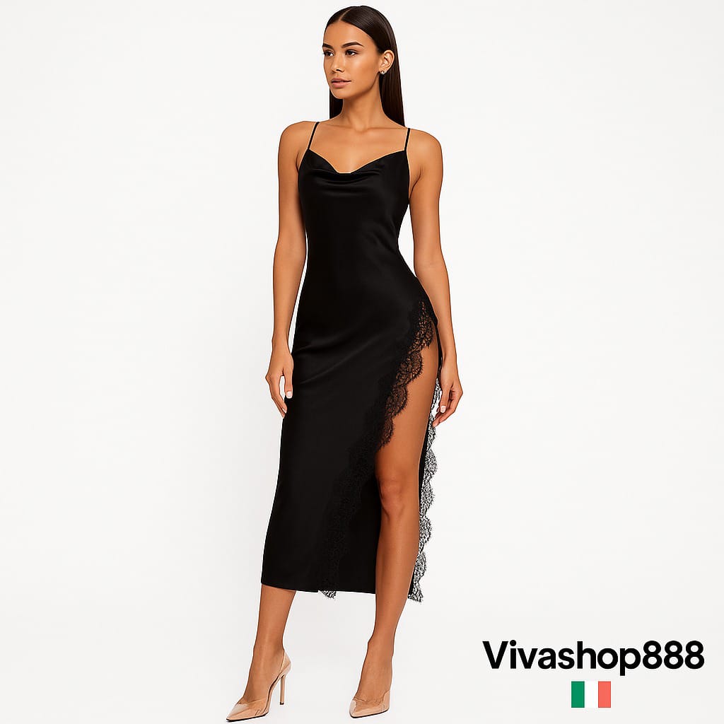 Vestido Fiamma – Satén negro con encaje lateral Viva Shop 888