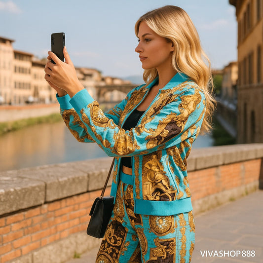 Conjunto Imperial Luxe.Conjunto para mujer 2 piezas con Chaqueta y Pantalón estampado Barroco Viva Shop 888