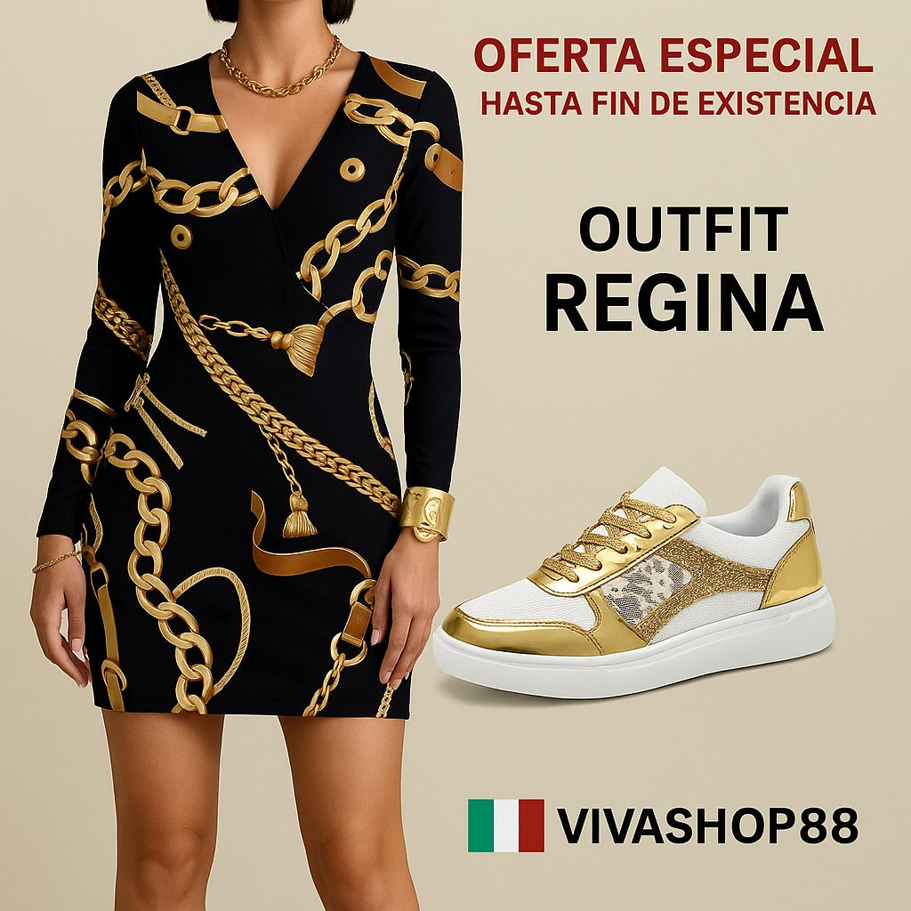 Outfit Regina 3x1 – Vestido, Zapatillas y Complemento Dorado Viva Shop 888