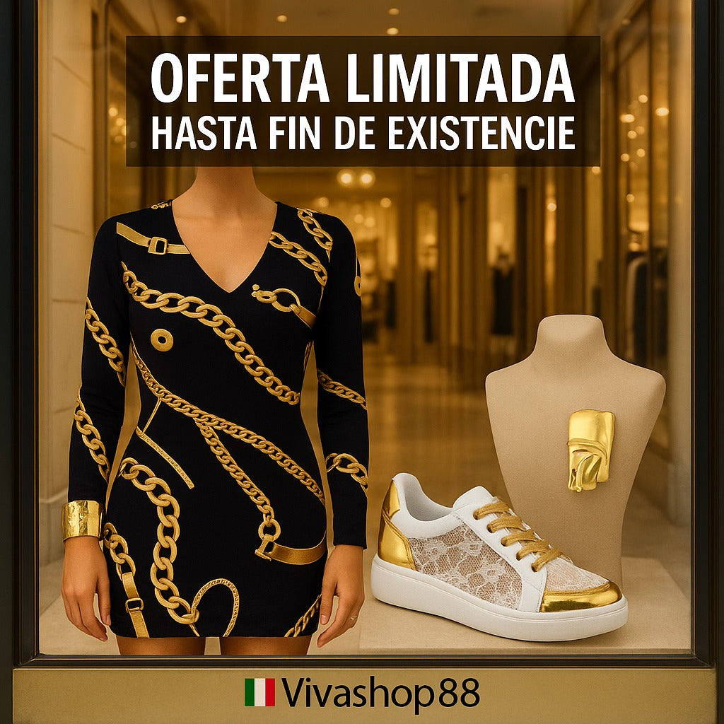 Outfit Regina 3x1 – Vestido, Zapatillas y Complemento Dorado Viva Shop 888