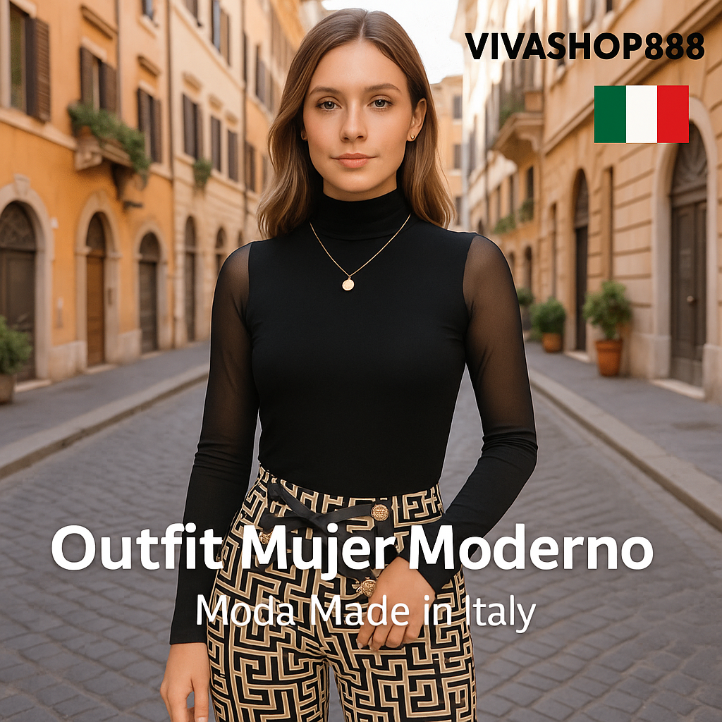 Conjunto mujer negro dorado elegante – outfit moderno con transparencias y botones frontales Viva Shop 888